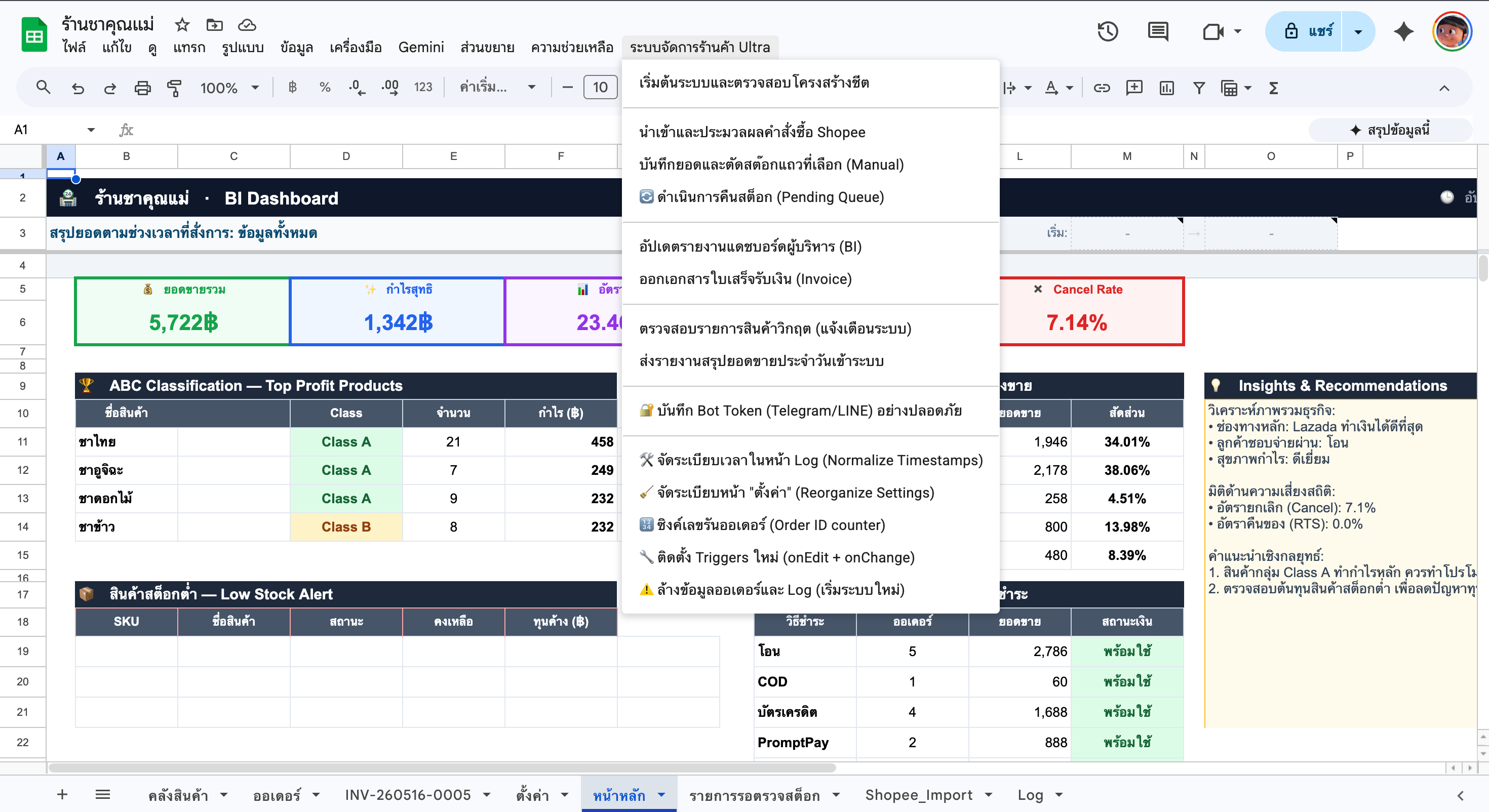 เมนูระบบจัดการร้านค้า Ultra ใน Google Sheets