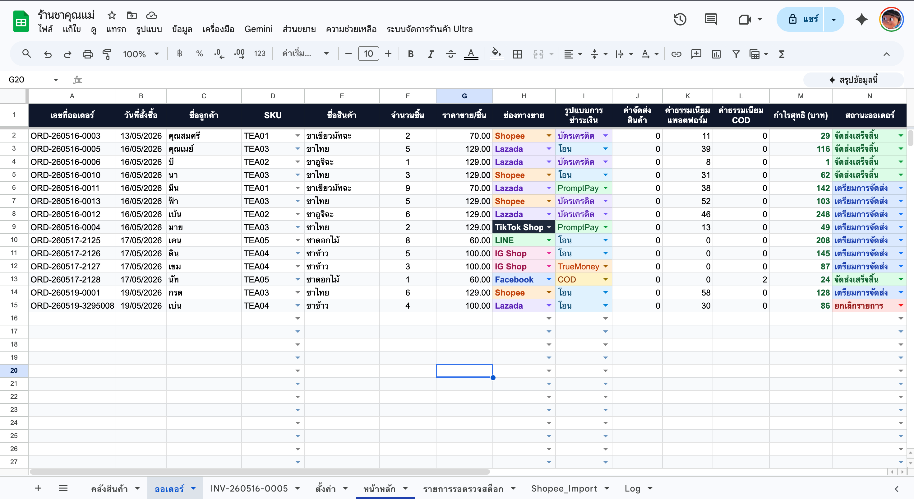 หน้าออเดอร์ Google Sheets พร้อม dropdown และกำไรอัตโนมัติ